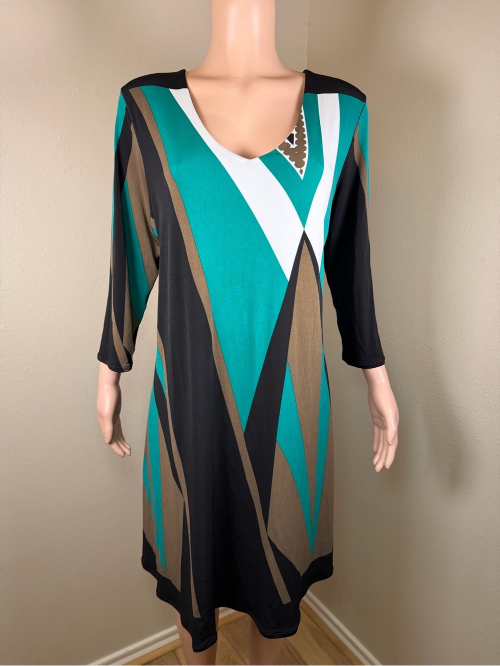 Eva Varro 2X Geometric Abstract Dress NWT Black Teal Brown 3/4 Sleeve